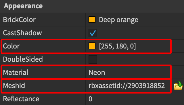Color, Material and MeshID properties