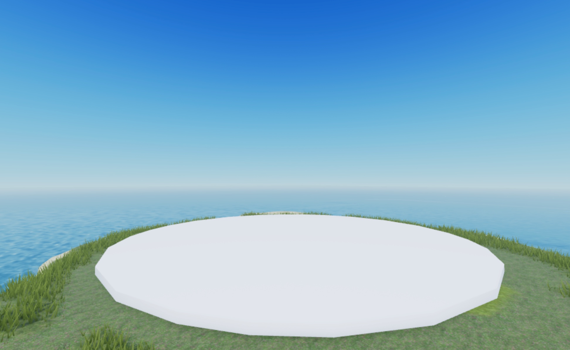 A large cylinder object partially sticking out of an island surrounded by water.