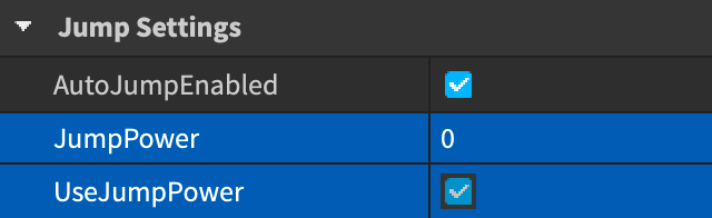 Jump Settings with the JumpPower and UseJumpPower properties highlighted.