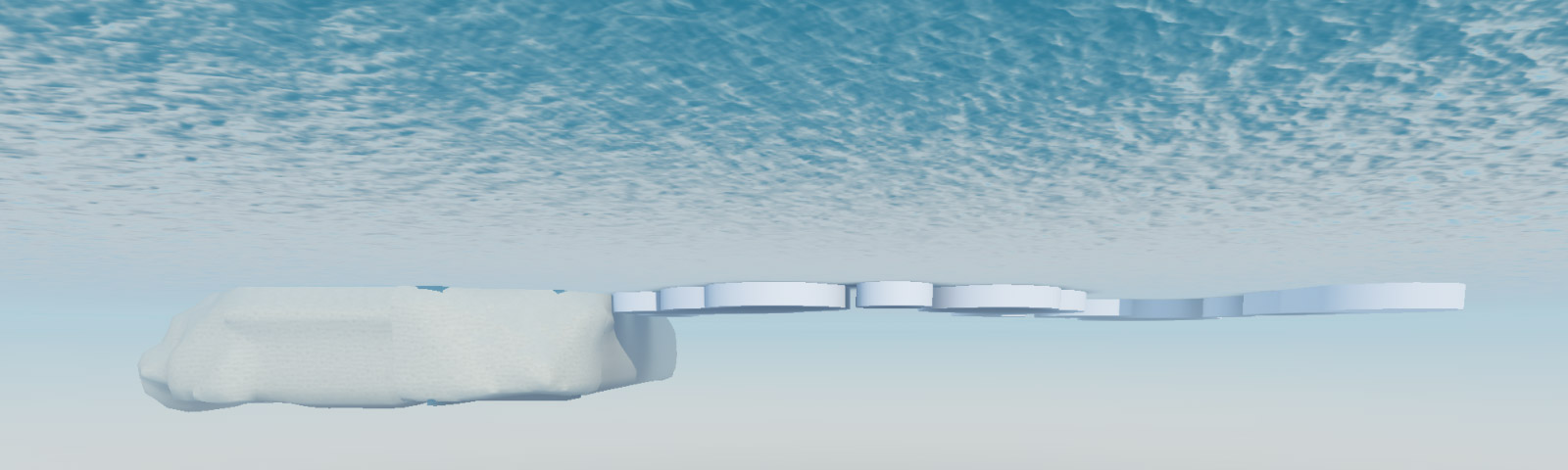 An underwater view of many cylinders that are aligned along their bottom edge.