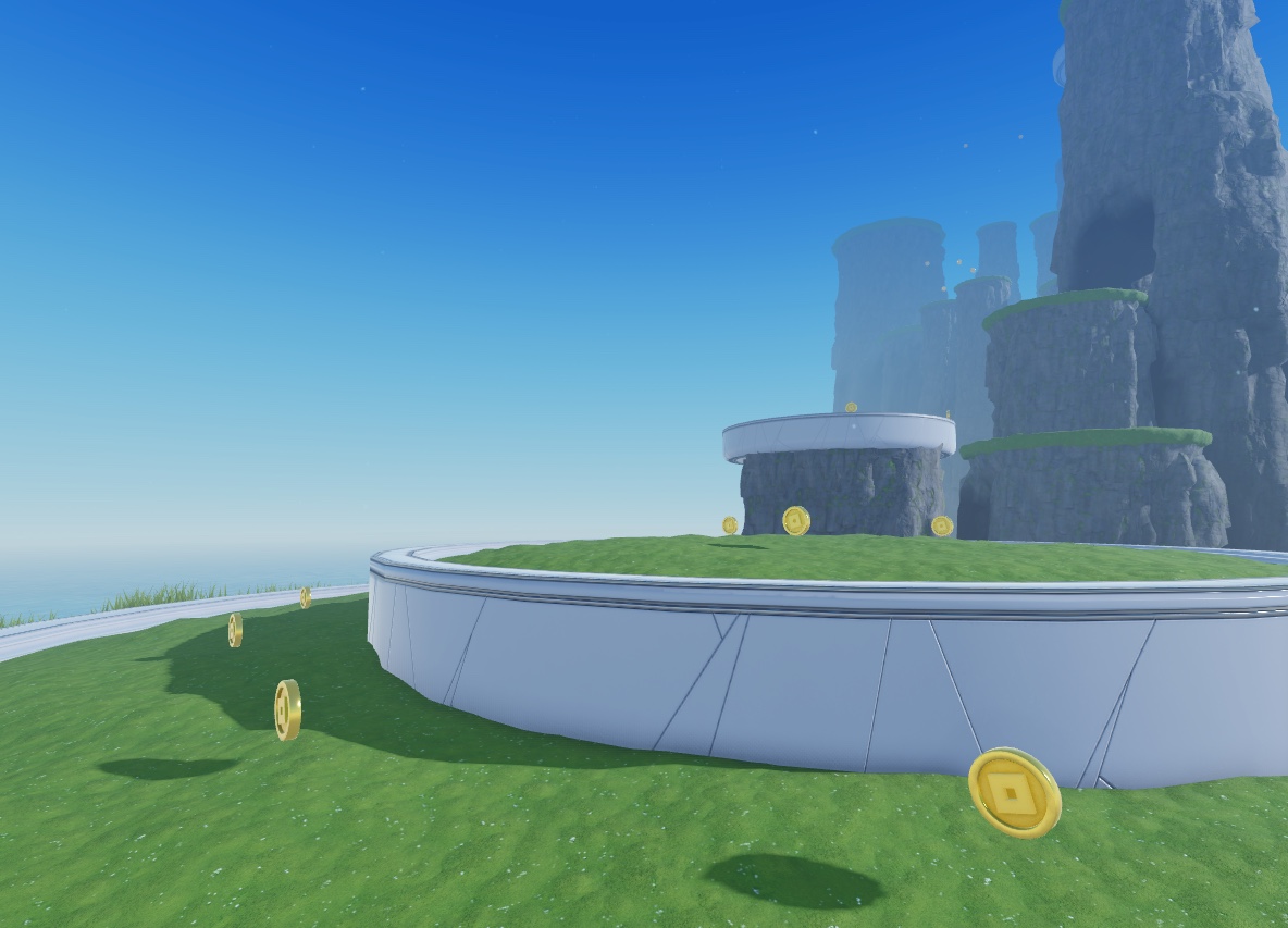 A view of shiny gold coins hovering over each level of sea stack platform.