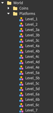 Studio's Explorer window with all of the level model objects underneat the Platforms folder.