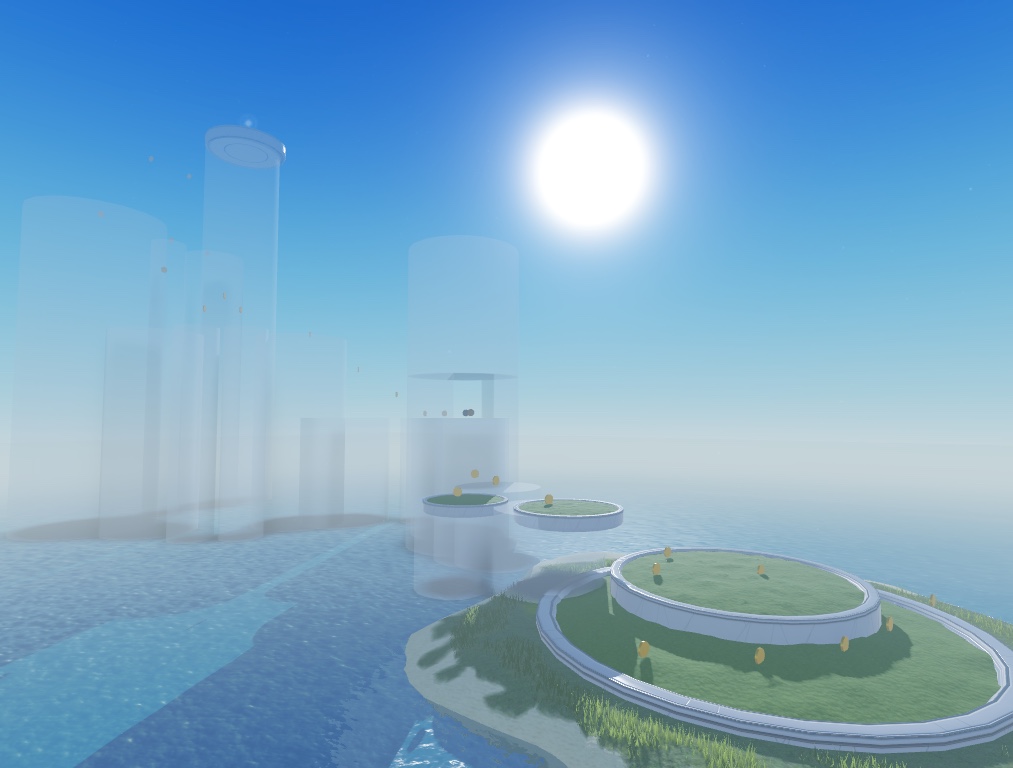 A view of the sample laser tag game with all Platform A platforms visible with the polished assets. Other greybox sea stacks are translucent in the distance.