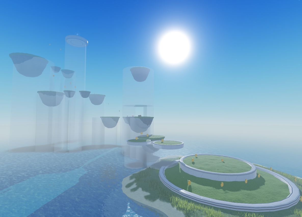 A view of the sample laser tag game with all of the platforms visible with the polished assets.