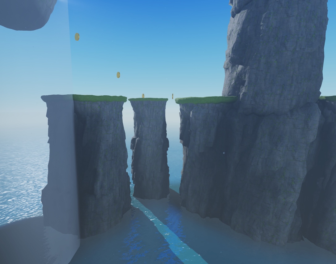 A side view of the sample laser tag game with level 4c-4e sea stacks visible with the polished assets.