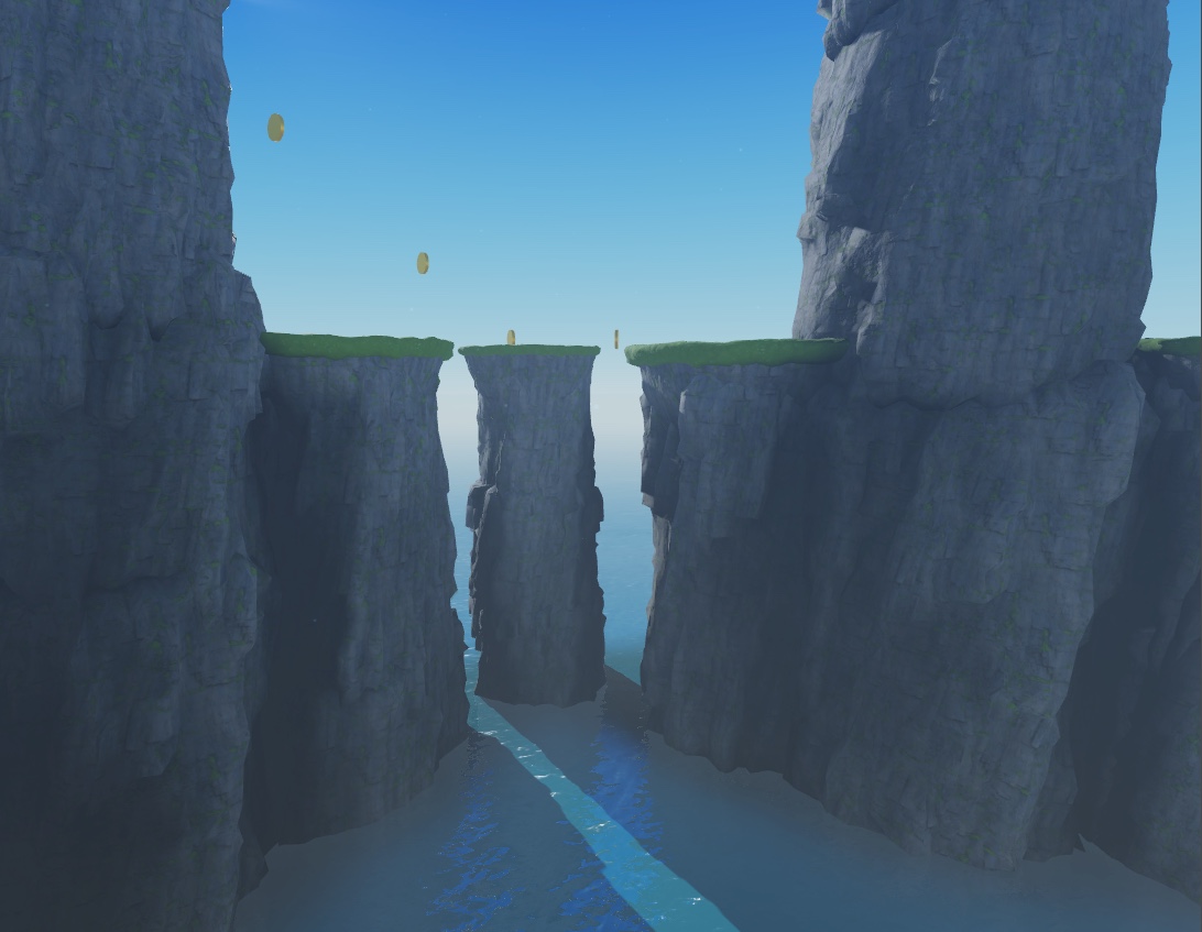 A side view of the sample laser tag game with level 4c-5a sea stacks visible with the polished assets.