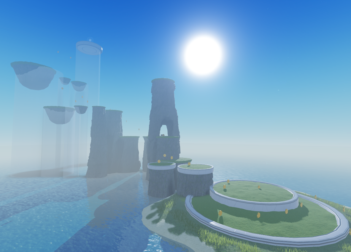 A view of the sample laser tag game with all of the platforms and level 1-5b sea stacks visible with the polished assets. Other greybox sea stacks are translucent in the distance.