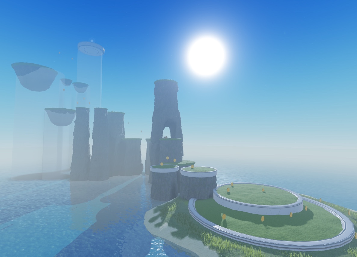 A view of the sample laser tag game with all of the platforms and level 1-5c sea stacks visible with the polished assets. Other greybox sea stacks are translucent in the distance.