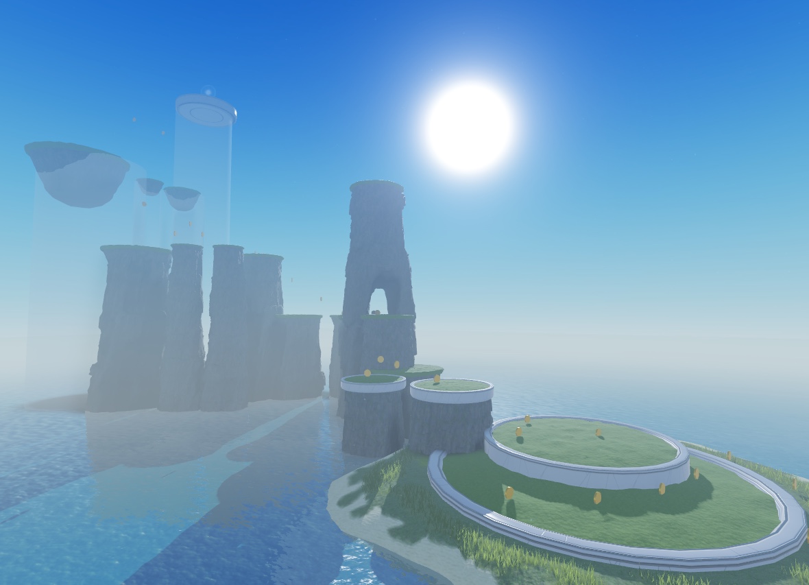 A view of the sample laser tag game with all of the platforms and level 1-5d sea stacks visible with the polished assets. Other greybox sea stacks are translucent in the distance.
