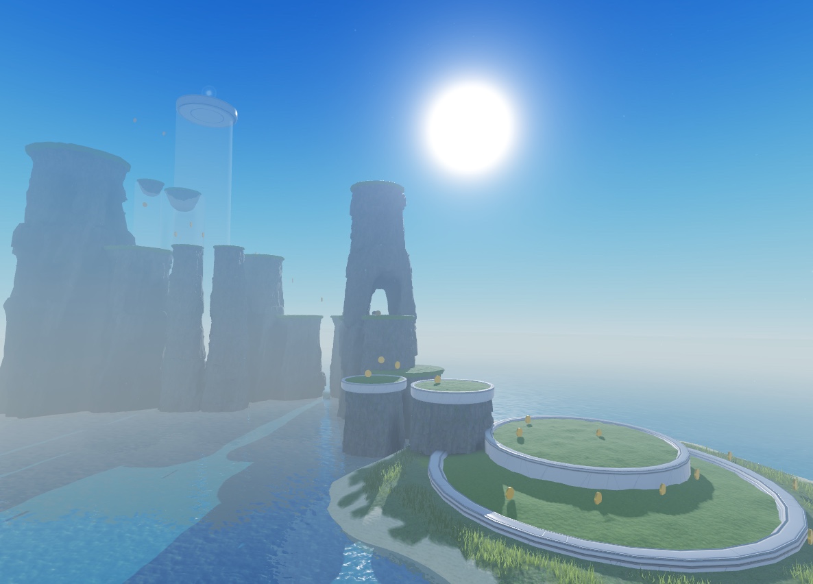 A view of the sample laser tag game with all of the platforms and level 1-6a sea stacks visible with the polished assets. Other greybox sea stacks are translucent in the distance.