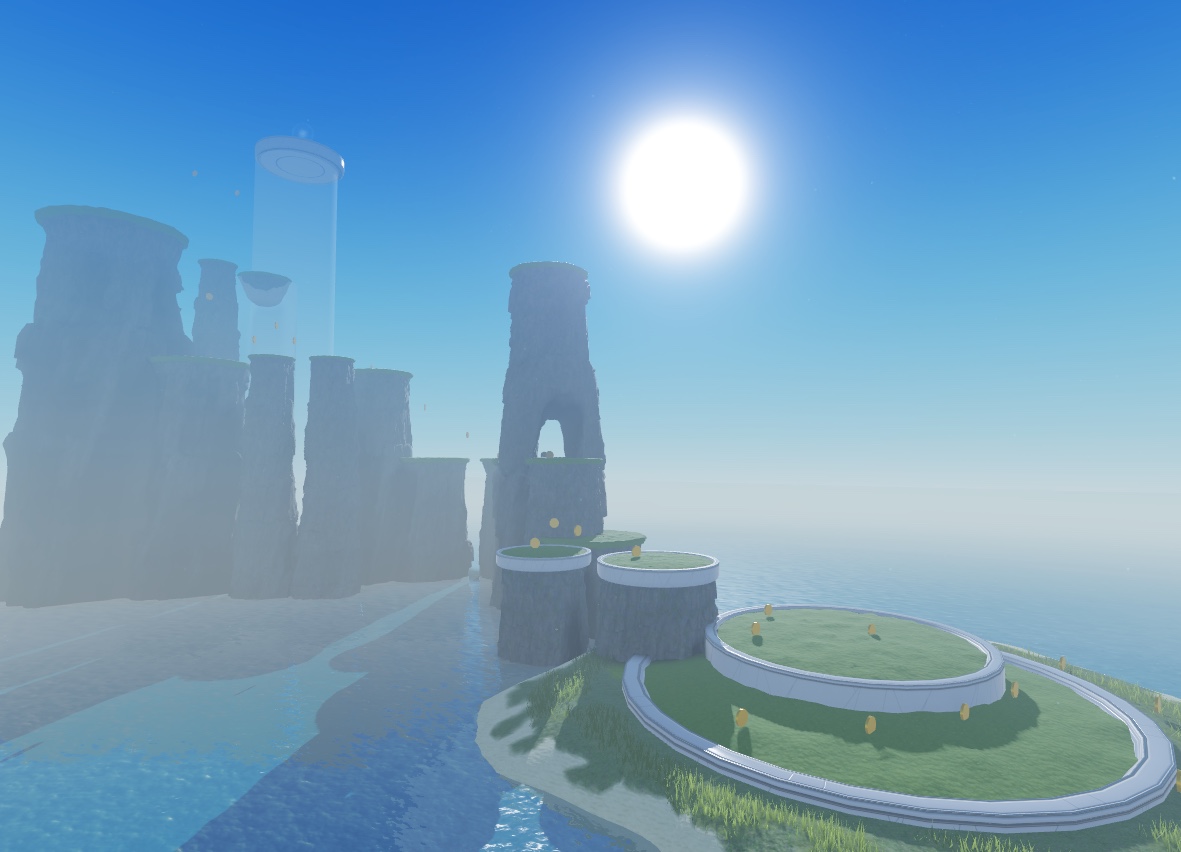 A view of the sample laser tag game with all of the platforms and level 1-6b sea stacks visible with the polished assets. Other greybox sea stacks are translucent in the distance.