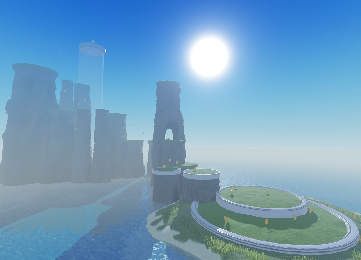 A view of the sample laser tag game with all of the platforms and level 1-6c sea stacks visible with the polished assets. Other greybox sea stacks are translucent in the distance.
