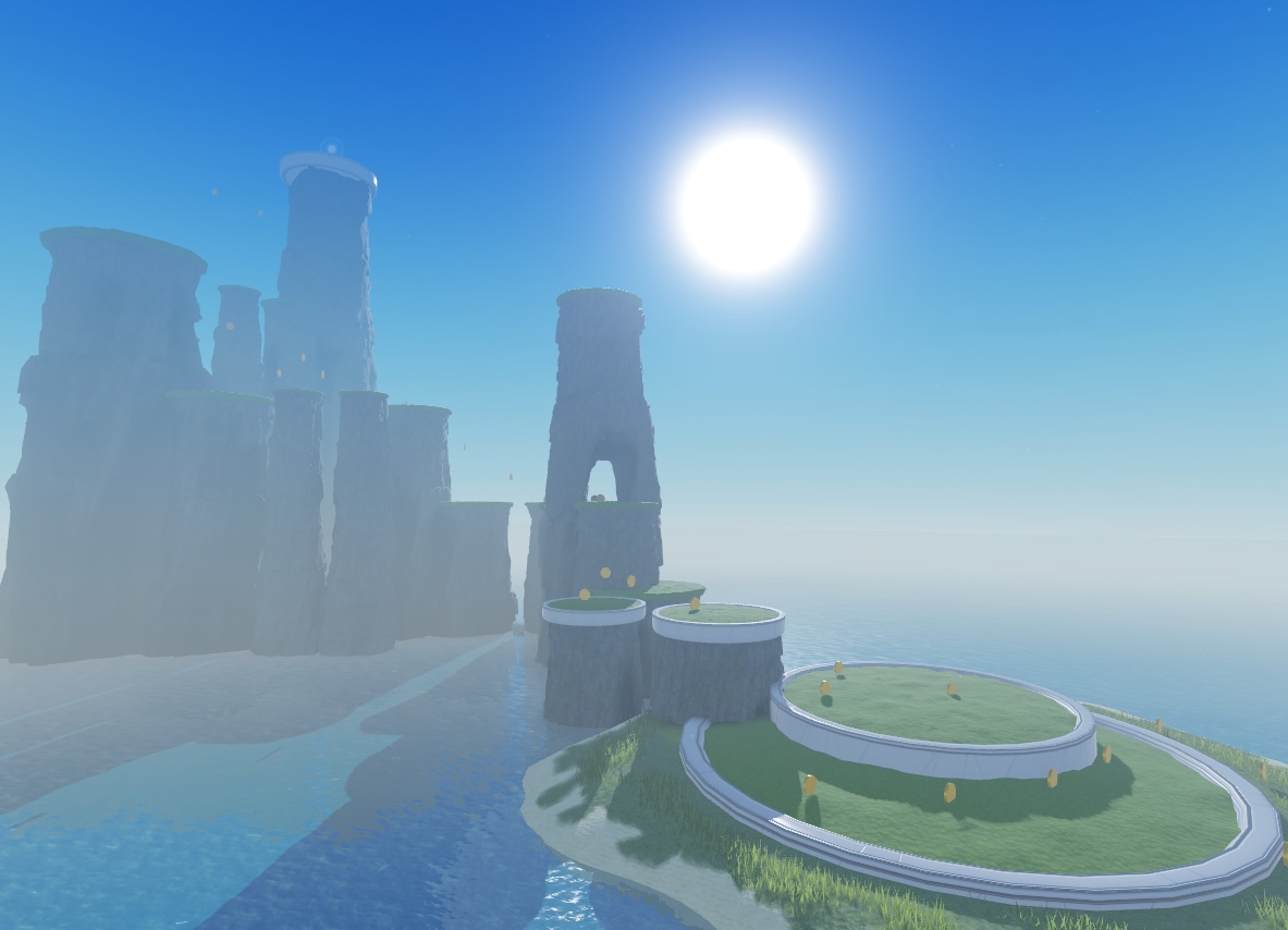 A view of the sample laser tag game with all of the platforms and sea stacks visible with the polished assets.