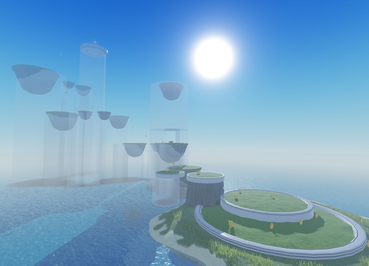 A view of the sample laser tag game with all of the platforms visible with the polished assets, as well as the first sea stack. Other greybox sea stacks are translucent in the distance.