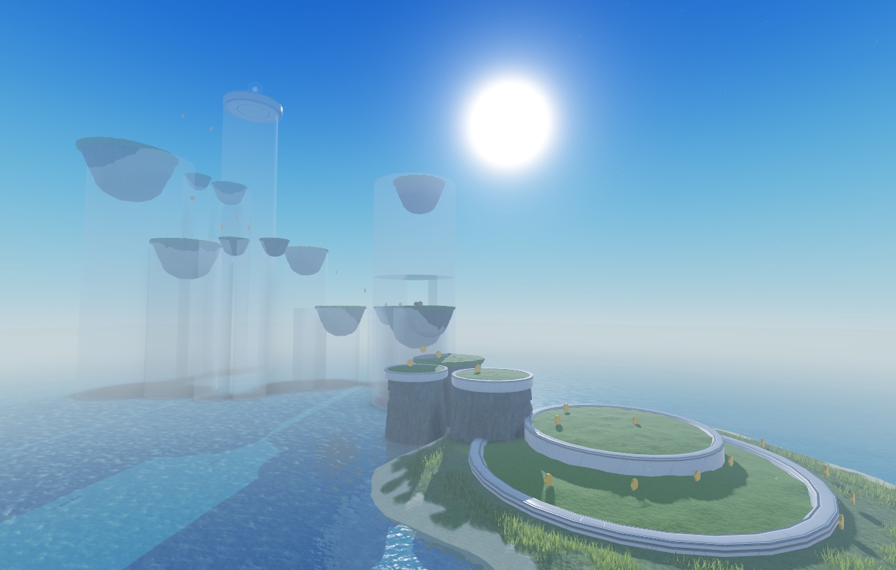 A view of the sample laser tag game with all of the platforms and level 1-3 sea stacks visible with the polished assets. Other greybox sea stacks are translucent in the distance.