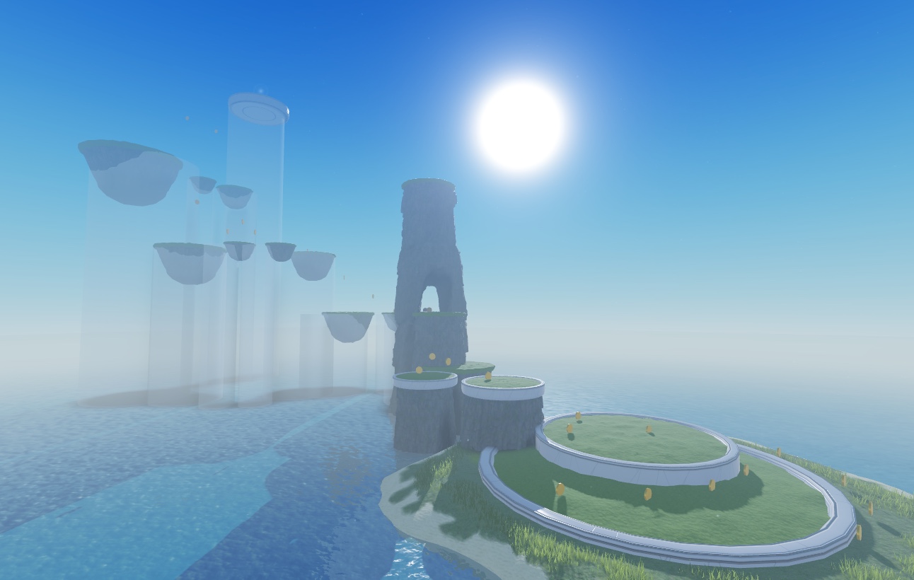A view of the sample laser tag game with all of the platforms and level 1-4a and 4b sea stacks visible with the polished assets. Other greybox sea stacks are translucent in the distance.