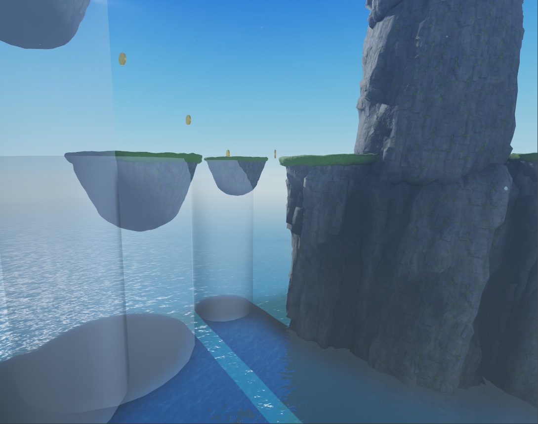 A side view of the sample laser tag game with level 4c sea stacks visible with the polished assets.