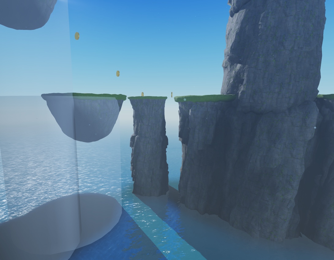 A side view of the sample laser tag game with level 4c and 4d sea stacks visible with the polished assets.