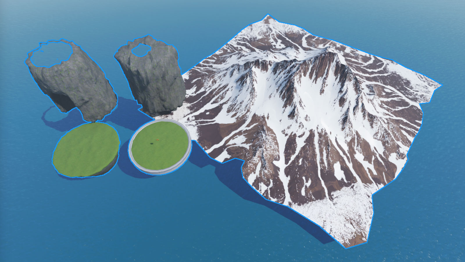 All meshes from the asset library hover above the water, now complete with all of their textures.