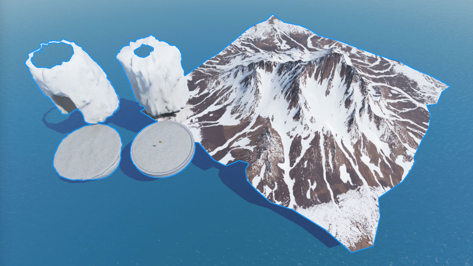 All meshes from the asset library hover above the water. Some of the meshes are missing their textures so they appear gray.