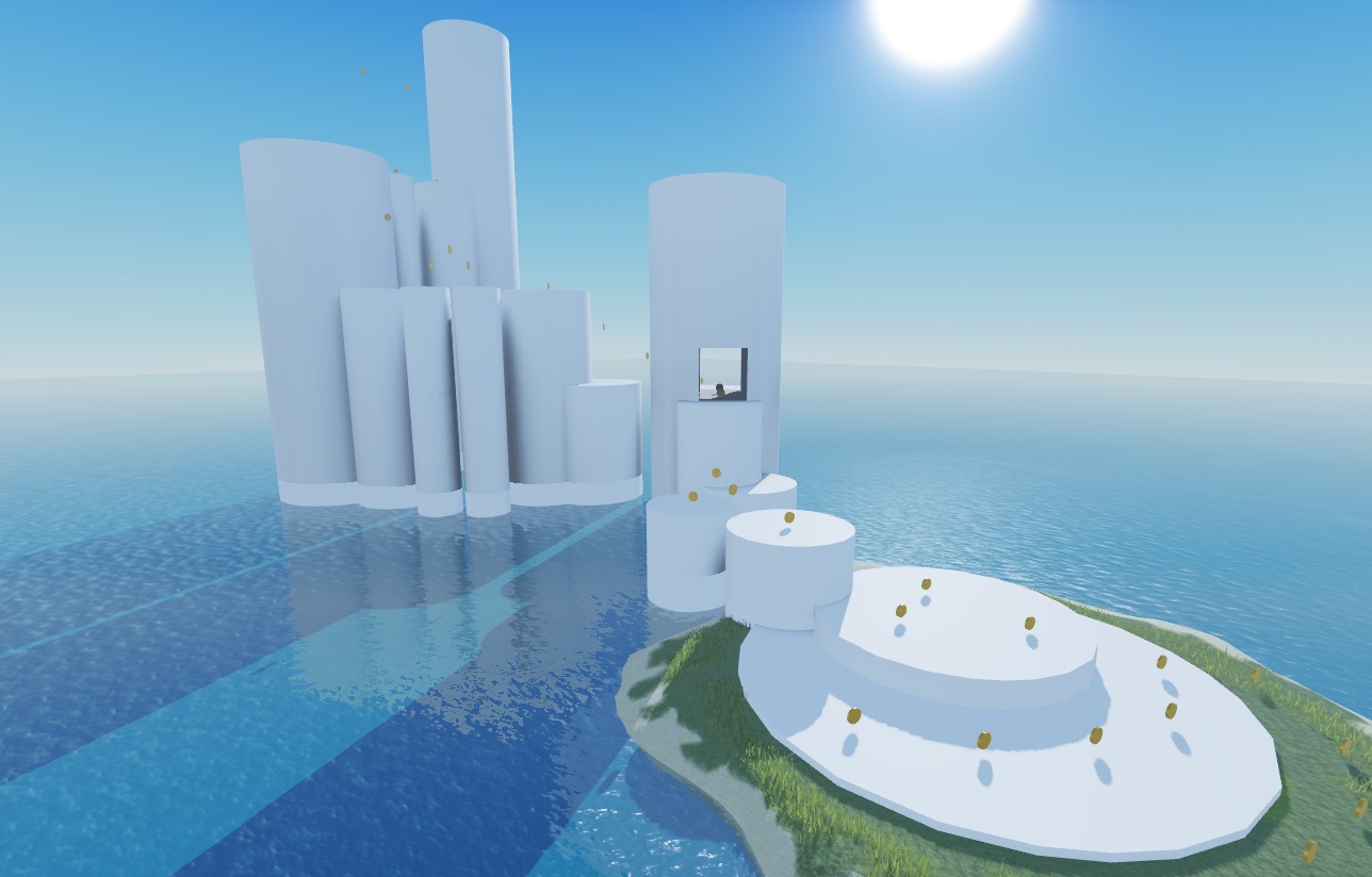 The sample Island Jump game with a custom sun position approaching the horizon.