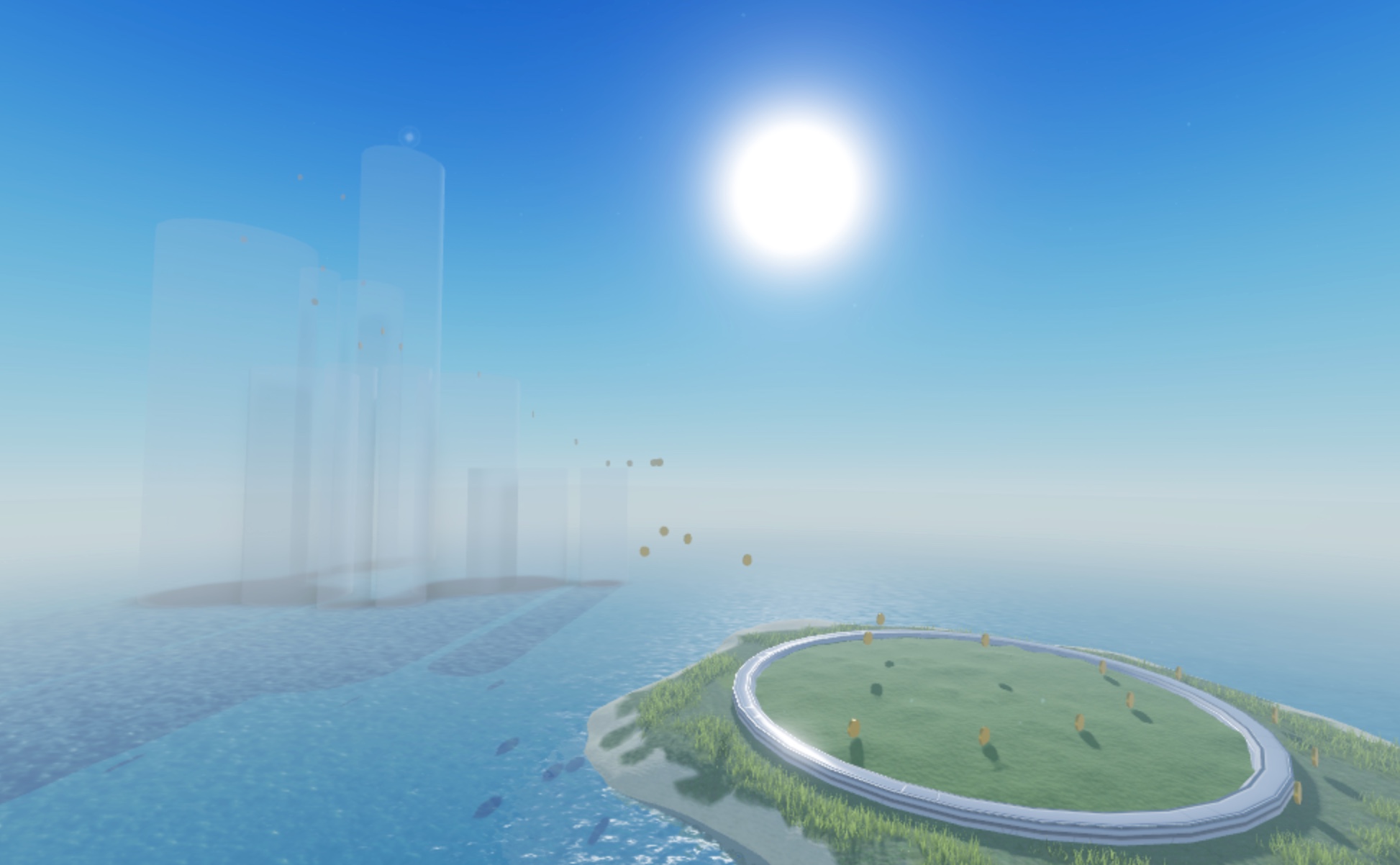 A view of the sample laser tag game with only the first platform visible with the polished assets. Other greybox sea stacks are translucent in the distance.