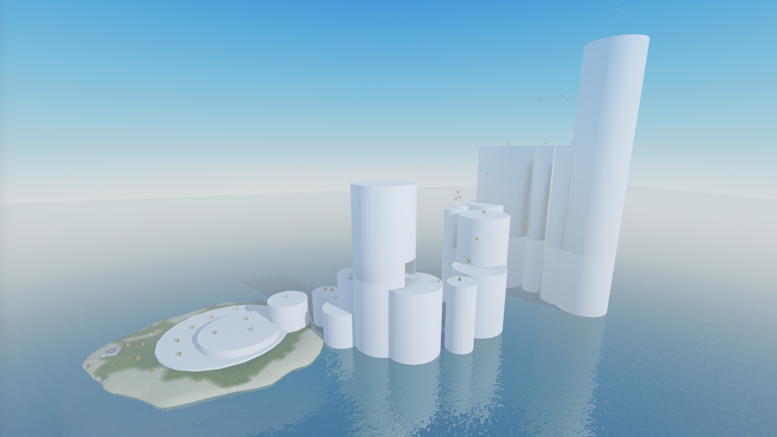 A version of the sample Island Jump game's placeholder greybox geometry.