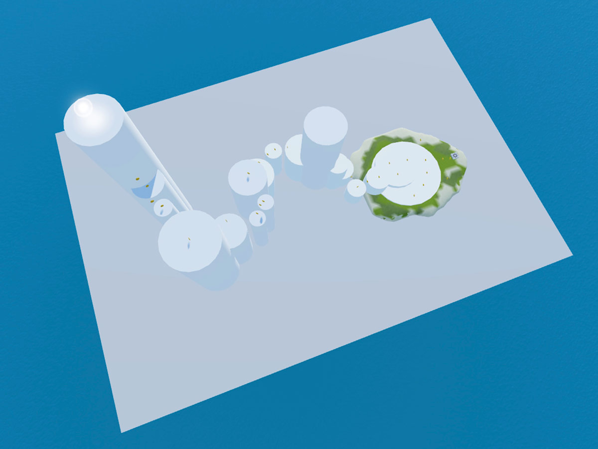 A far out view of all of the cylinder sea stacks and the island. A large block part covers the water where a player could land if they fell from a sea stack.