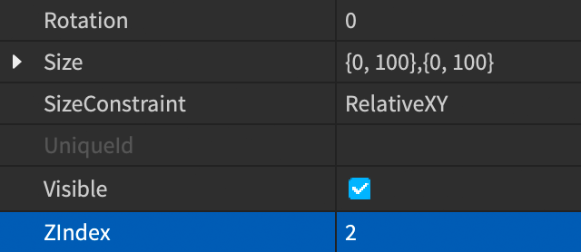 Properties window showing the ZIndex of the ImageLabel set to 2.