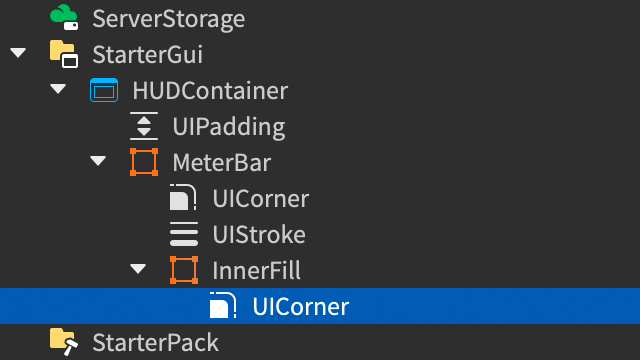 Explorer window showing the InnerFill frame with a child UICorner modifier.