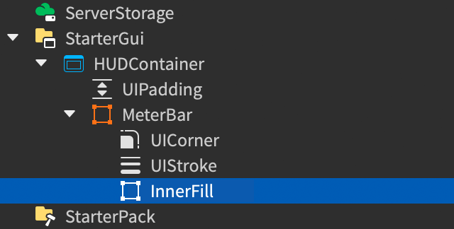 Explorer window showing the parent MeterBar frame with a child frame named InnerFill.