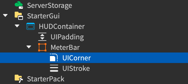 Explorer window showing the MeterBar frame with a child UICorner modifier.