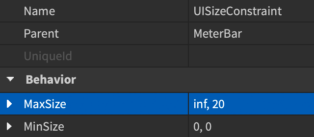Properties window showing the MaxSize of the UISizeConstraint set to inf, 20.