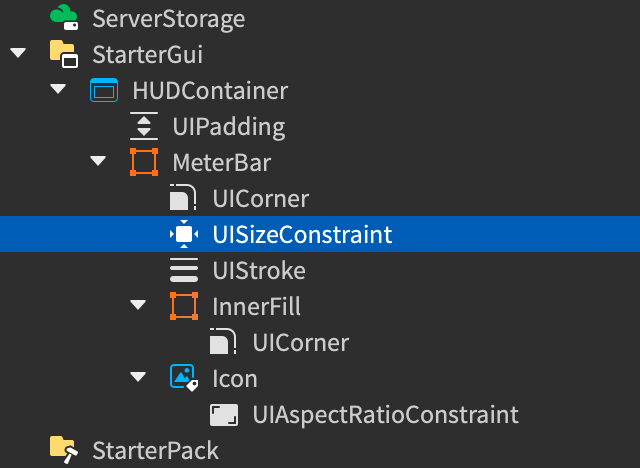 Explorer window showing the MeterBar frame with a child UISizeConstraint.