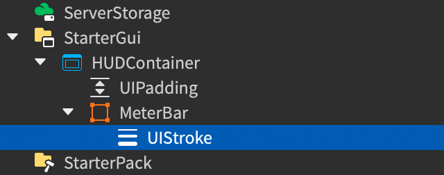 Explorer window showing the MeterBar frame with a child UIStroke modifier.