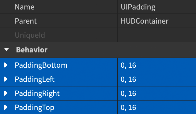 Properties window showing the UIPadding modifier with 0, 16 set for all edges.