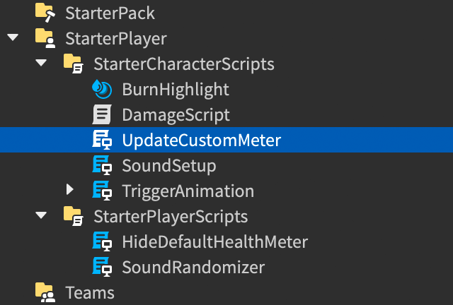 Explorer window showing the new UpdateCustomMeter client script inside the StarterCharacterScripts container.