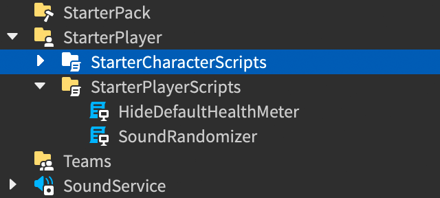 Explorer window showing the StarterCharacterScripts container inside the StarterPlayer container.