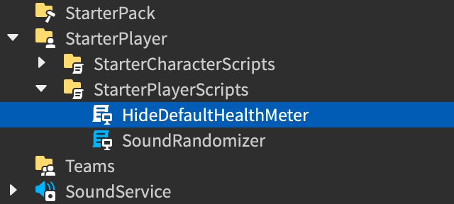 Explorer window showing the new HideDefaultHealthMeter client script inside the StarterPlayerScripts container.