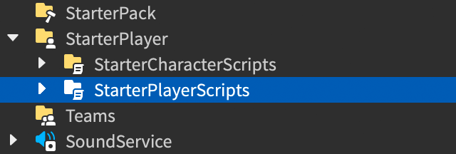 Explorer window showing the StarterPlayerScripts container inside the StarterPlayer container.
