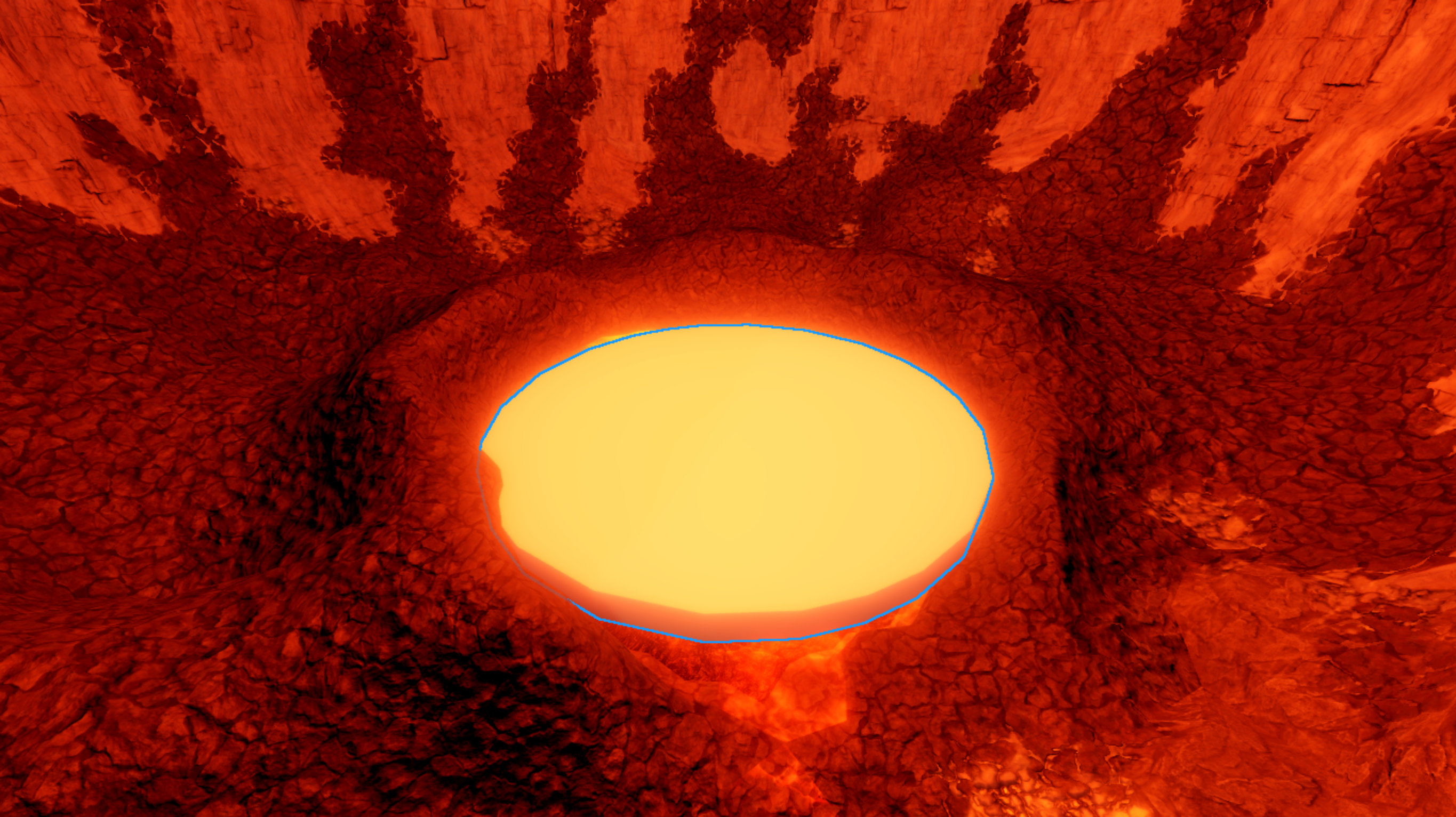 A close front view of the caldera with a cylinder part that's glowing yellow.