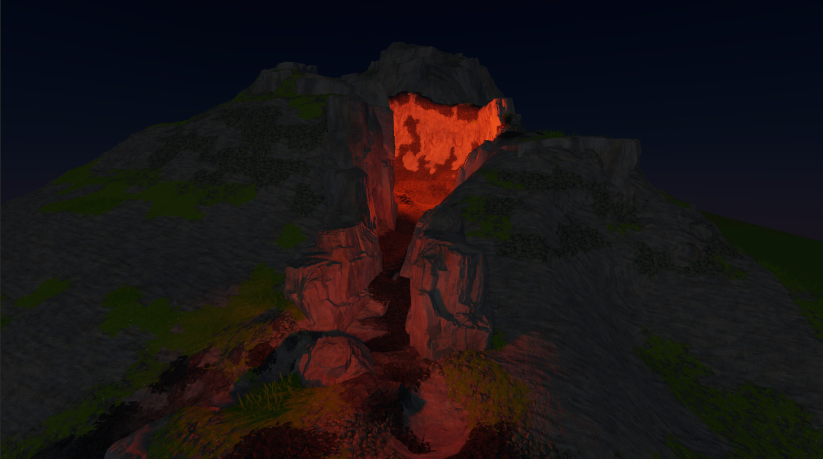 A front view of the volcano with darkened outdoor lighting.