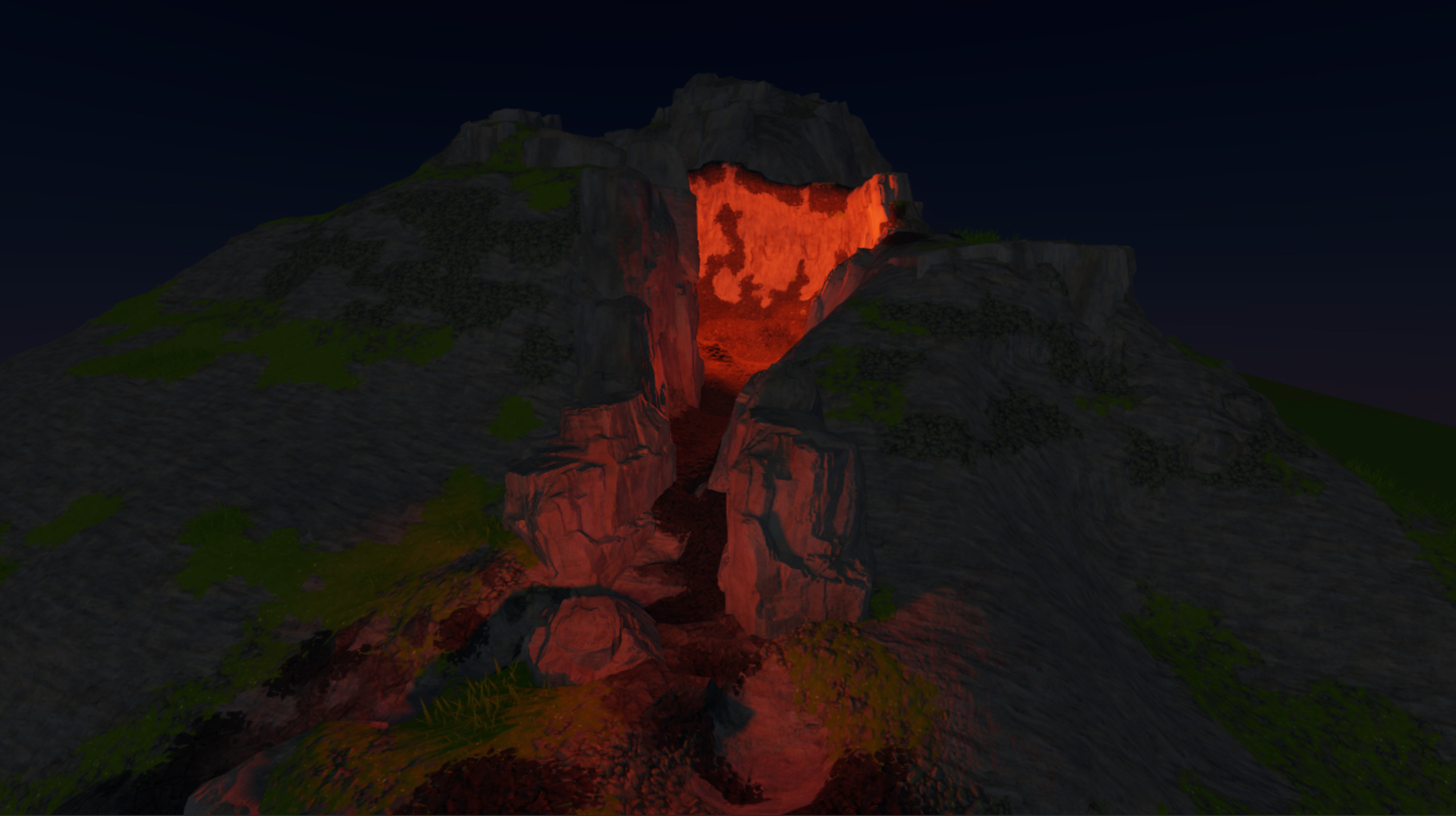 A front view of the volcano with darkened outdoor lighting and local lighting that glows orange.