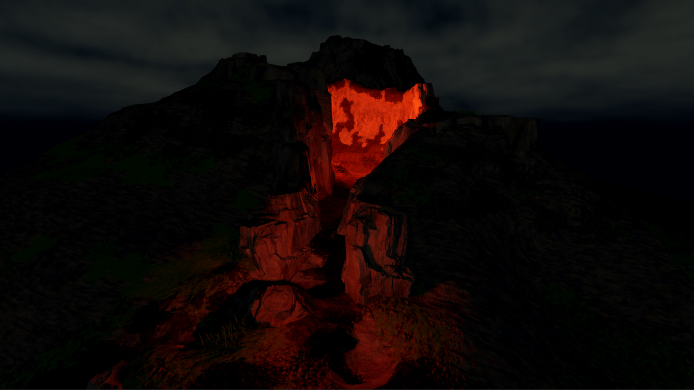 A front view of the volcano with pitch black outdoor lighting, gray clouds, and local lighting that glows orange.