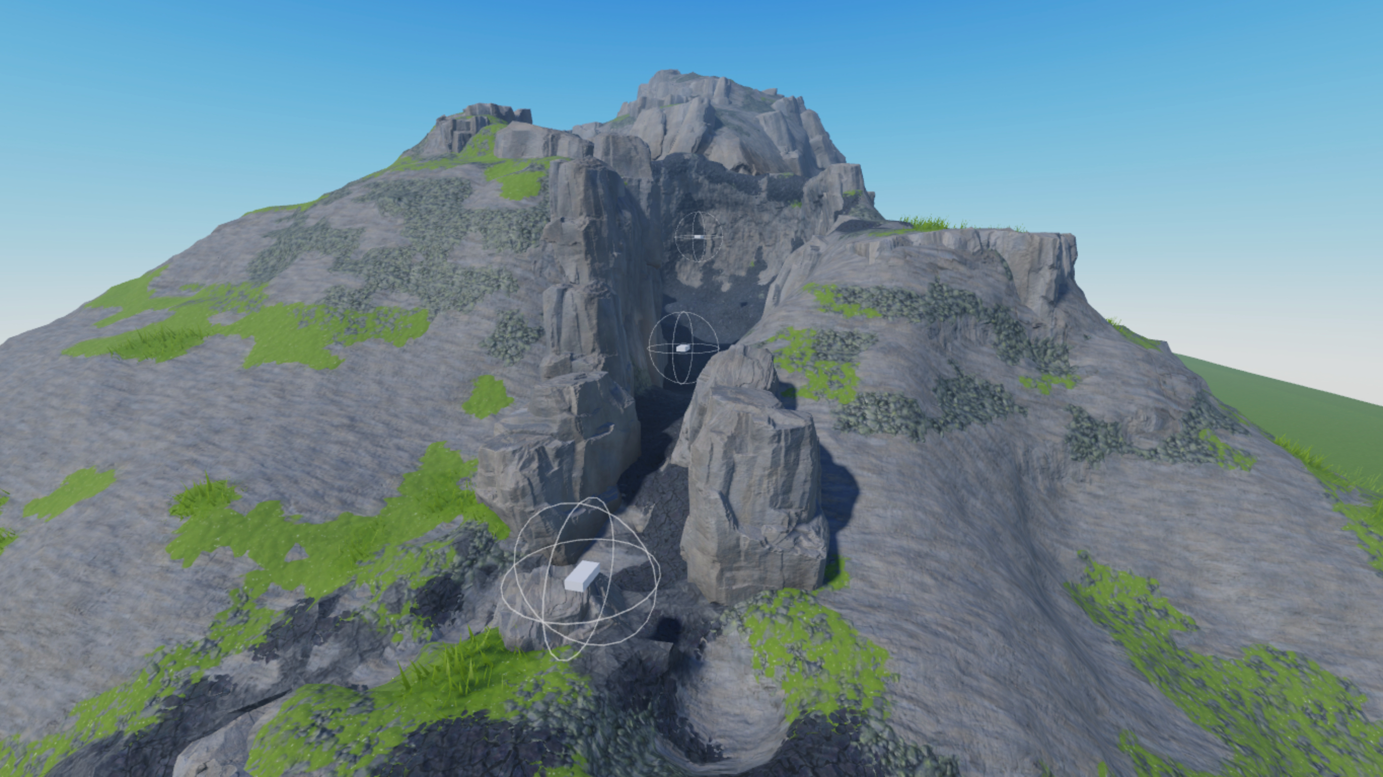 A front view of the volcano with three block parts with point light visual aids.