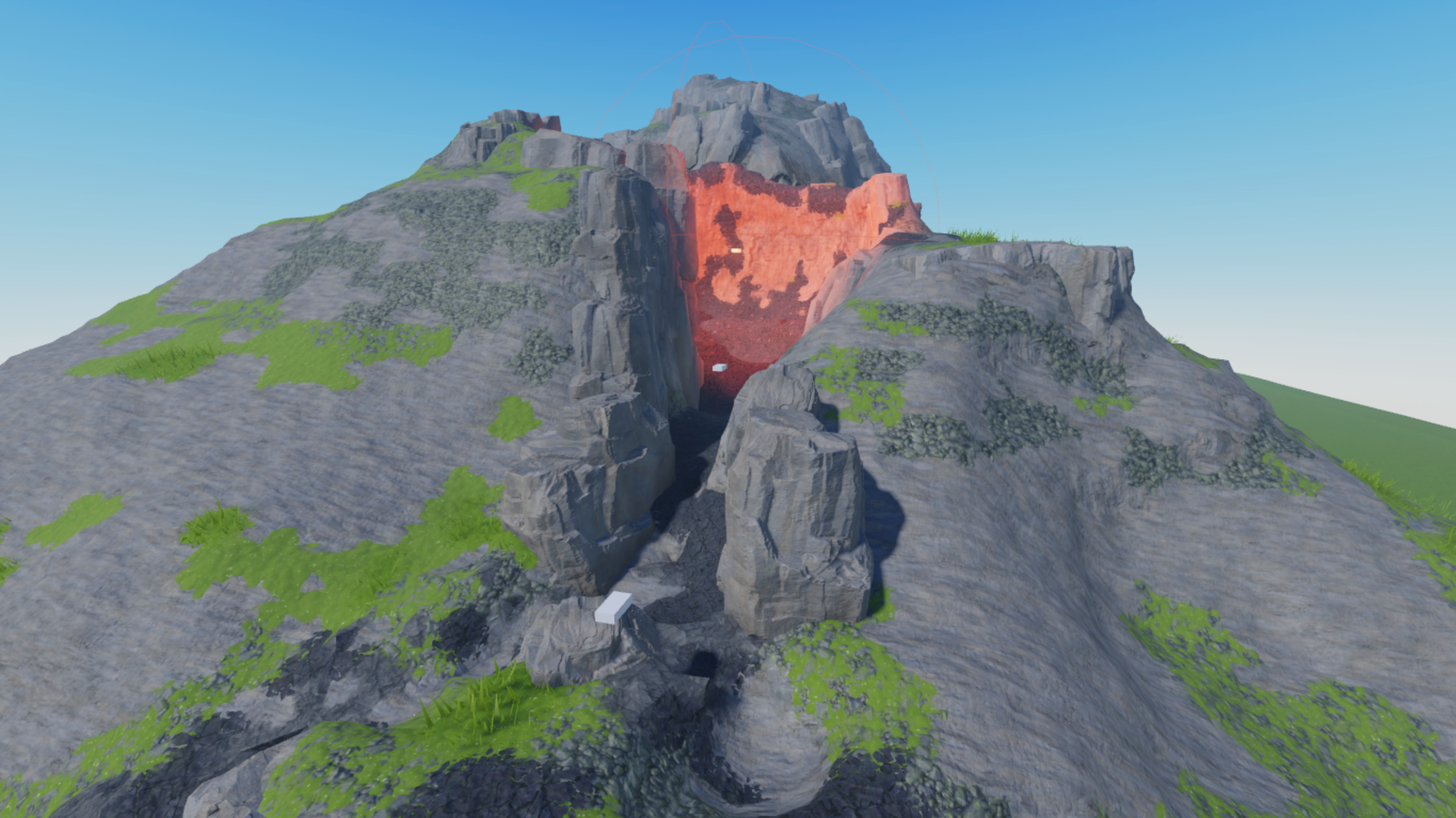 A front view of the volcano with three block parts. The block part nearest the caldera emits orange light.