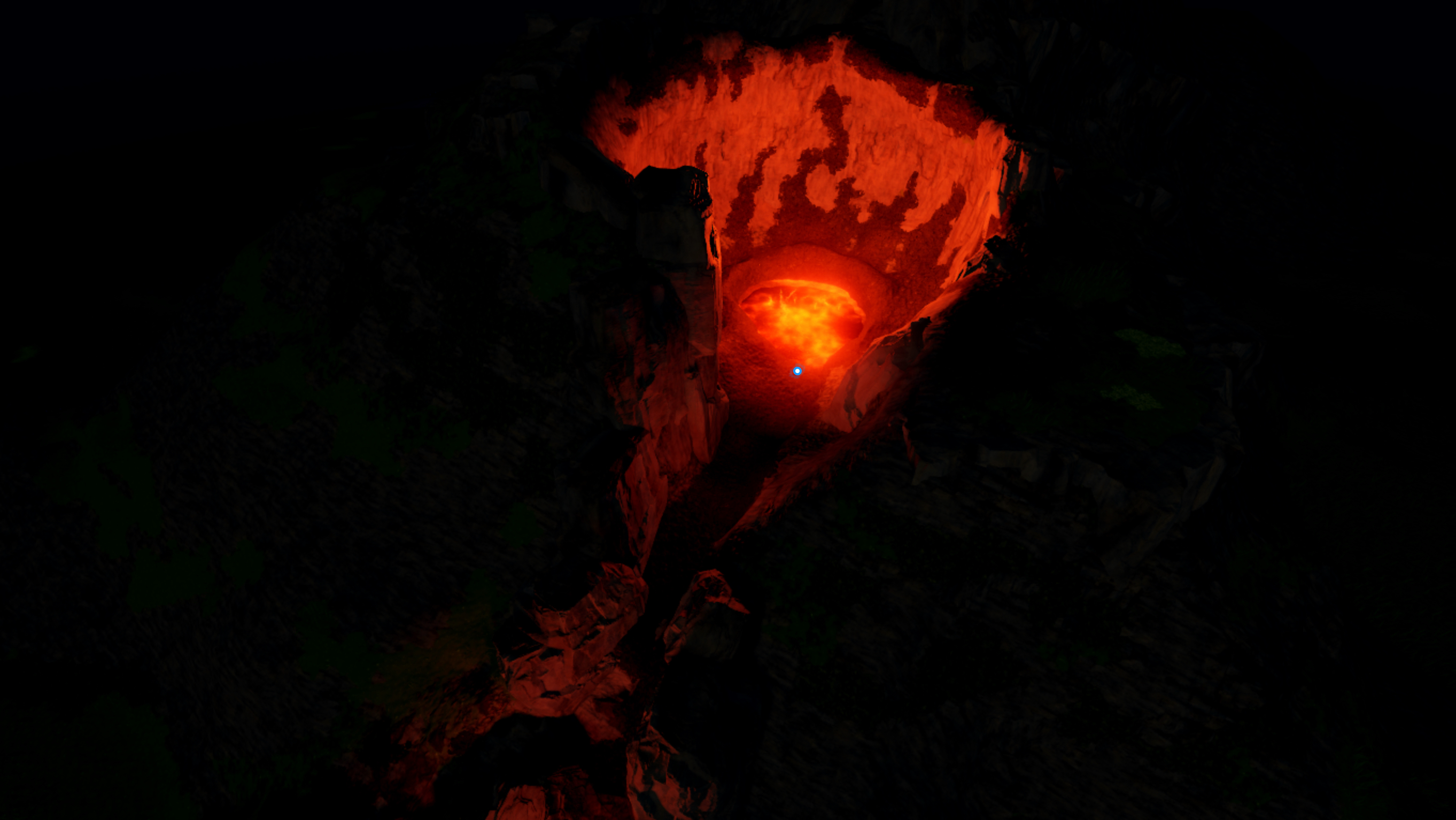 An angled top down view of the volcano with a block part highlighted.
