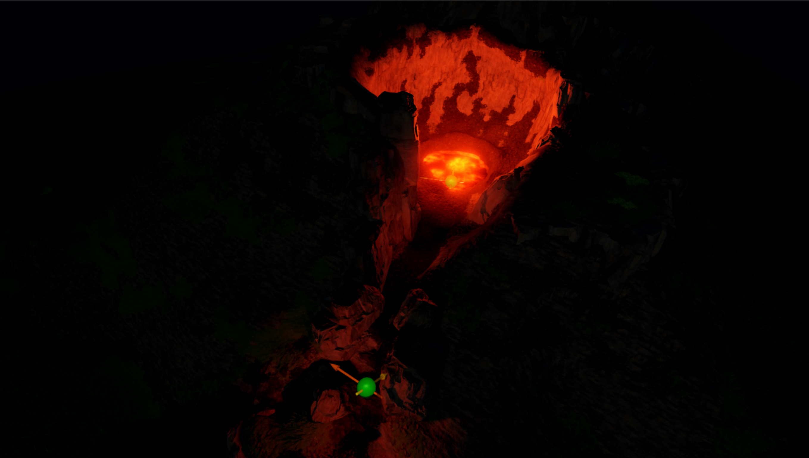 An angled top down view of the volcano with two attachment visual aids highlighted.
