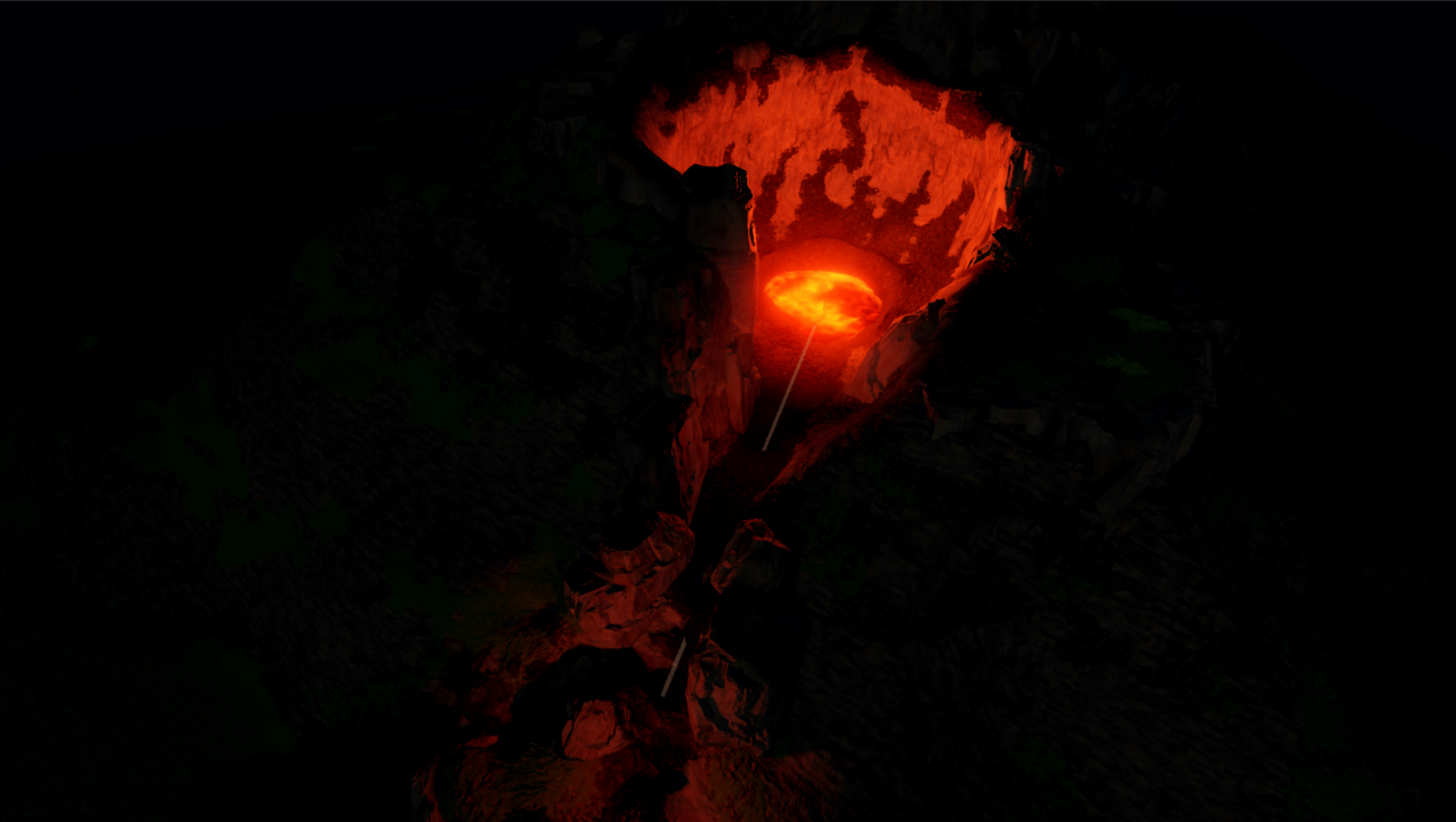 An angled top down view of the volcano with two block parts rendering the default beam texture between the attachments.