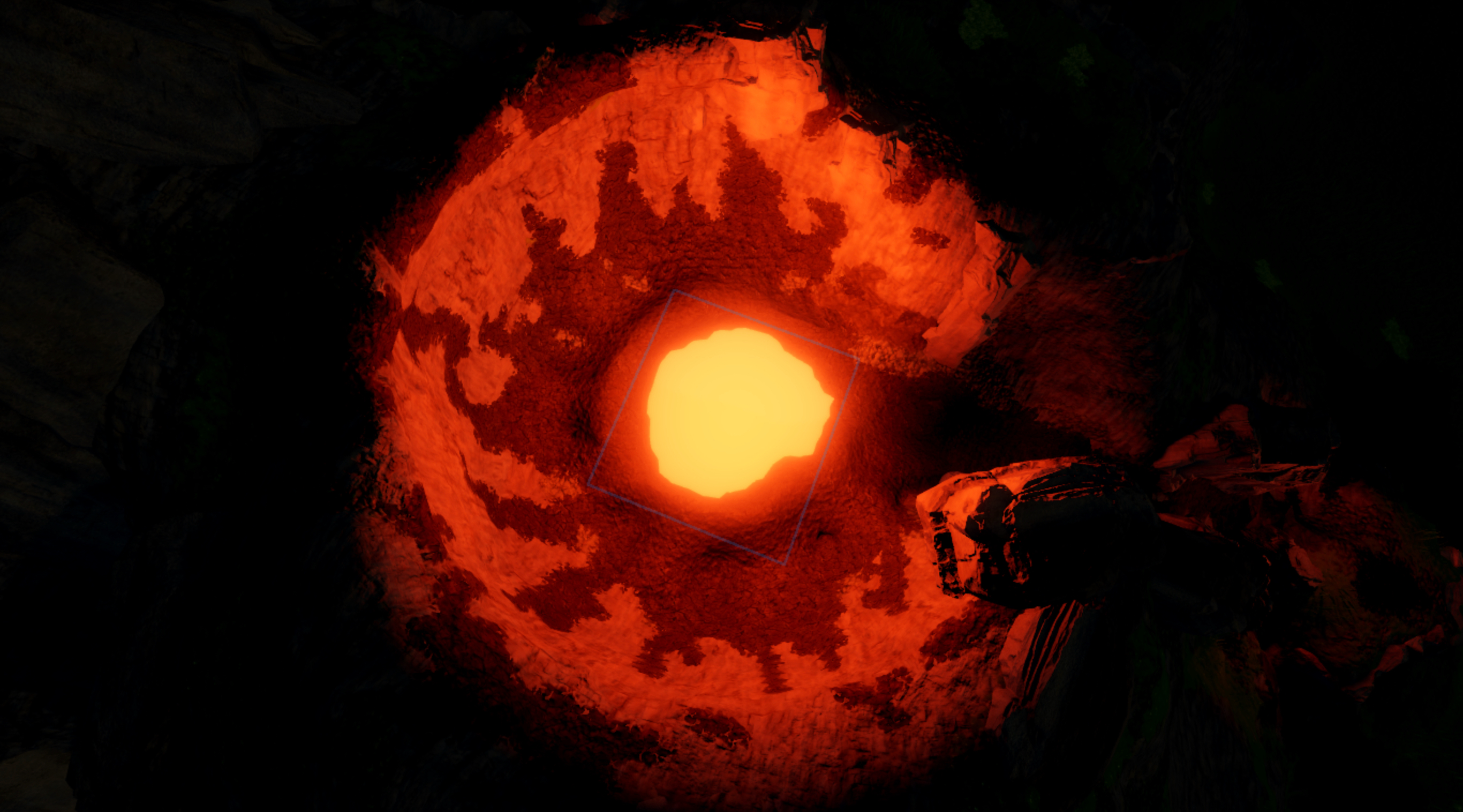 A top-down view of the caldera with a highlighted block part that's glowing yellow.
